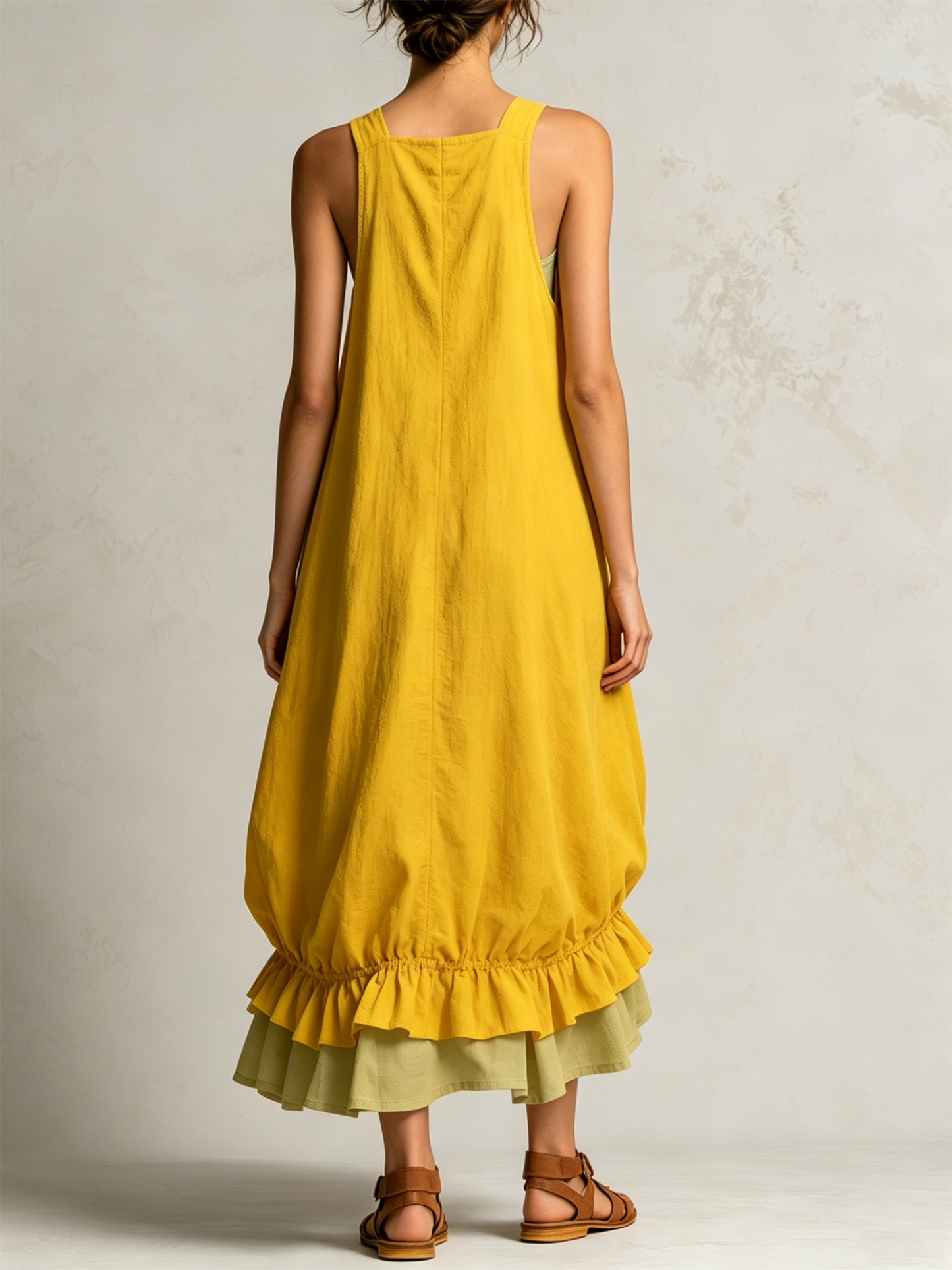 Yellow Sleeveless Cargo Pocket Layered Ruffle Hem Midi Overall Dress