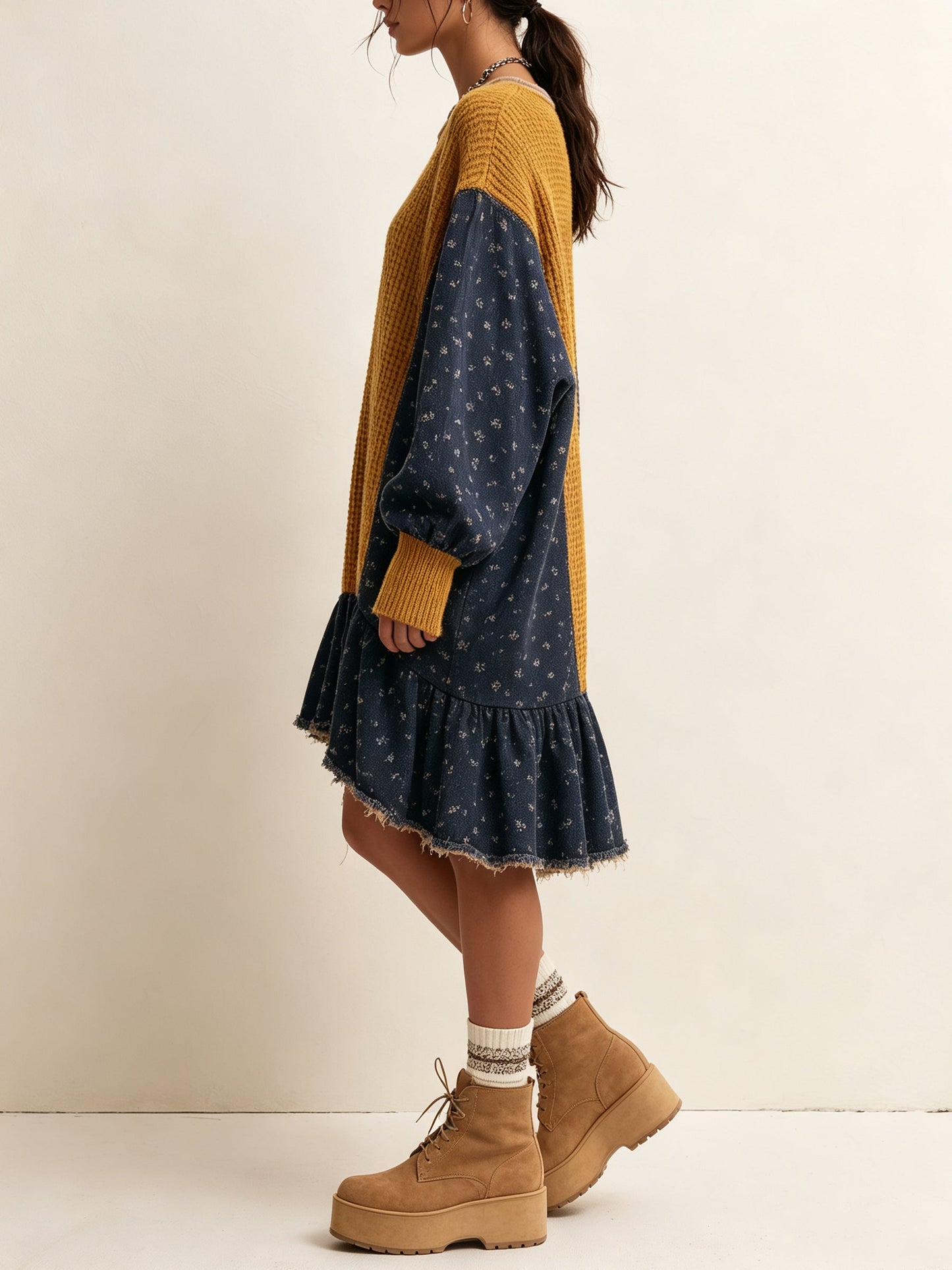 Color Block Knit Mini Dress – Oversized Patchwork Sweater Dress