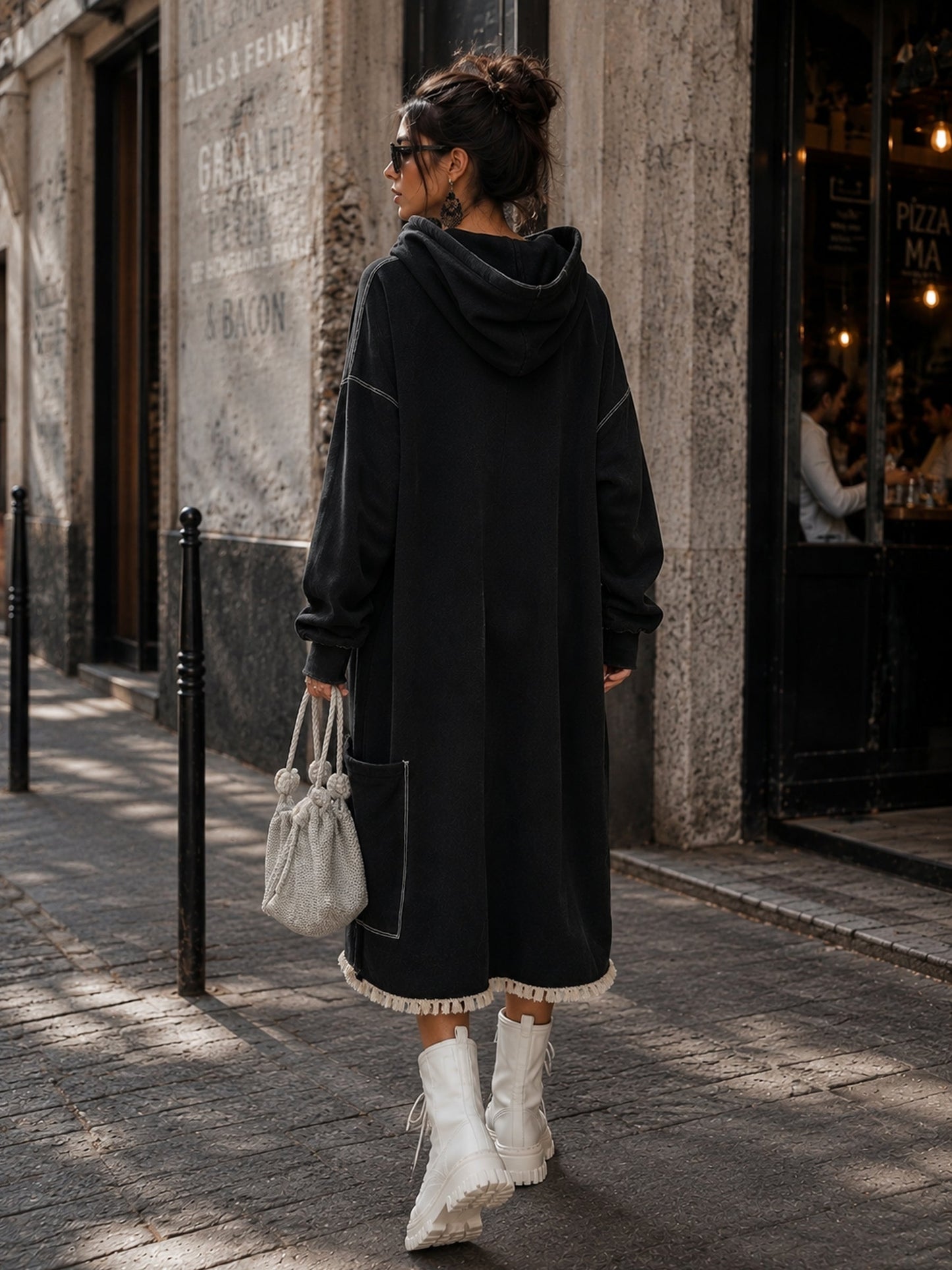 Women’s Oversized Hooded Hoodie Dress With Crescent Appliqué And Utility Pockets