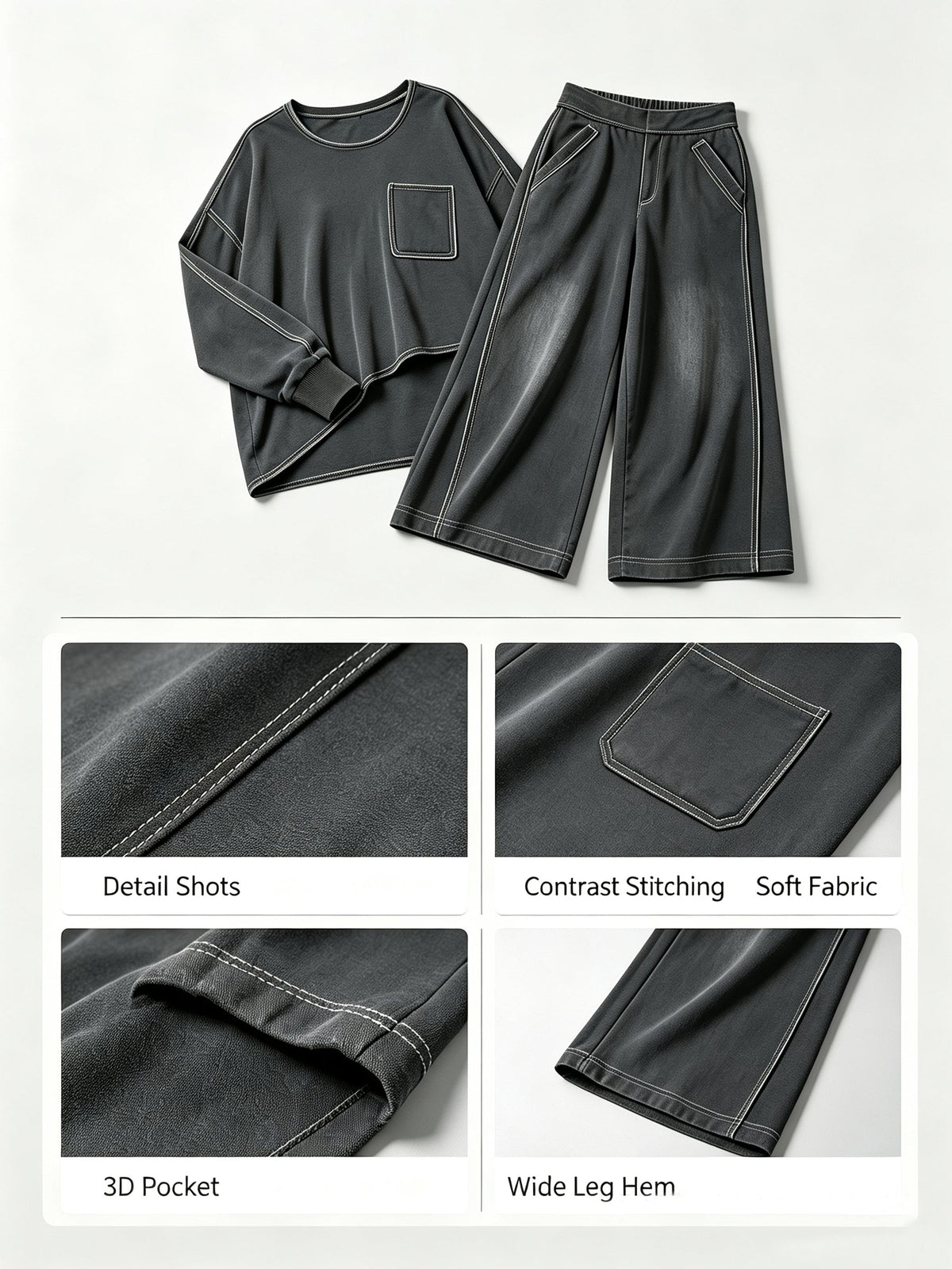 Contrast Stitch Asymmetrical Oversized Sweatshirt & Wide Leg Pants Two-Piece Set