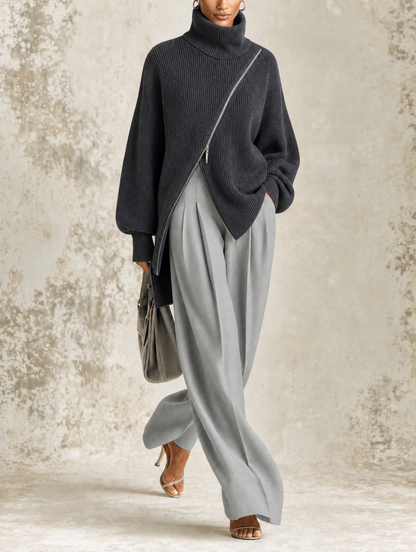 Asymmetric Zip Turtleneck Sweater & Wide-Leg Pants Set
