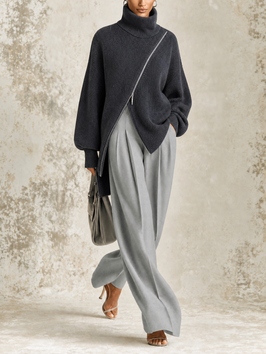 Asymmetric Zip Turtleneck Sweater & Wide-Leg Pants Set