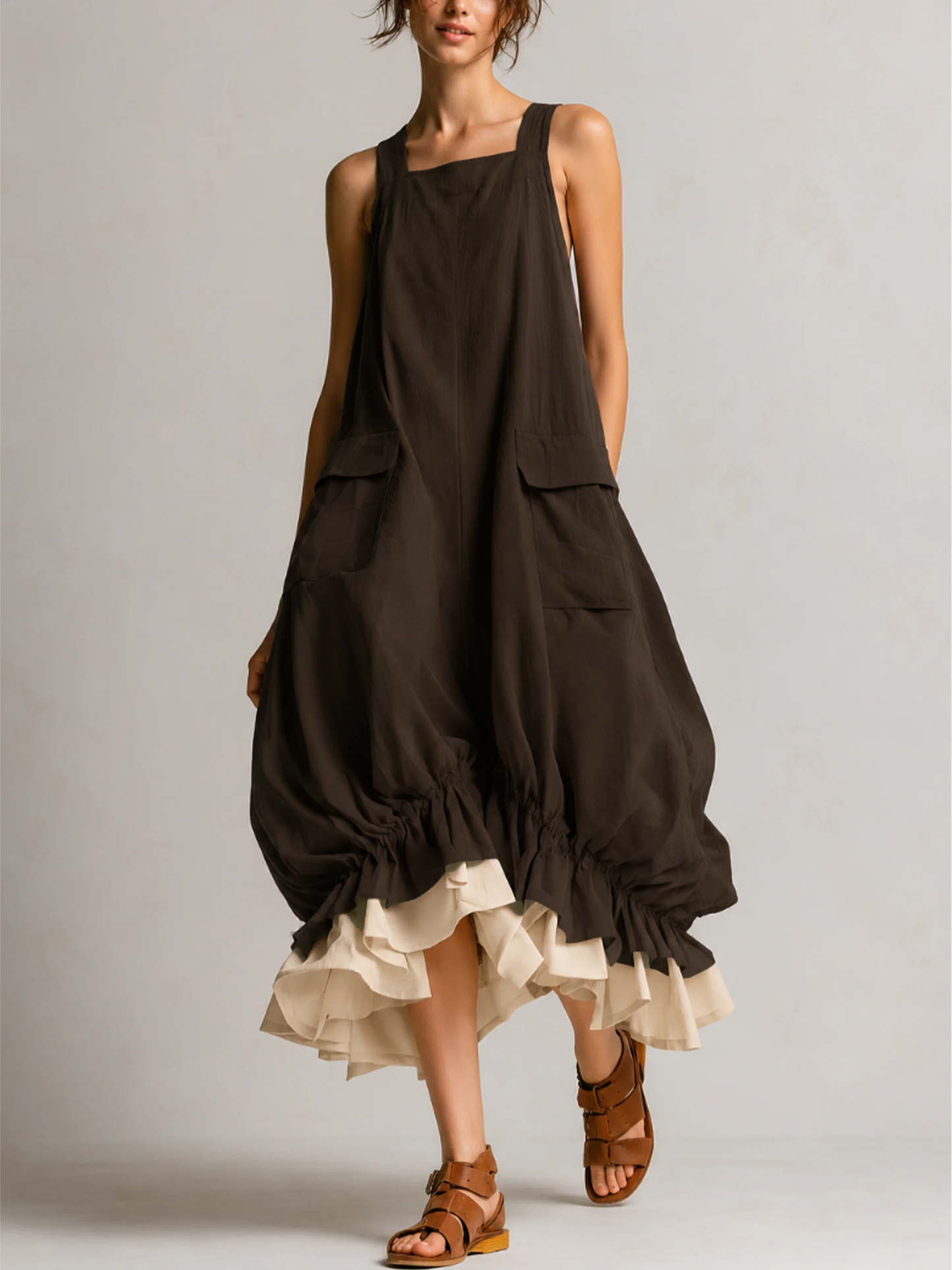 Yellow Sleeveless Cargo Pocket Layered Ruffle Hem Midi Overall Dress