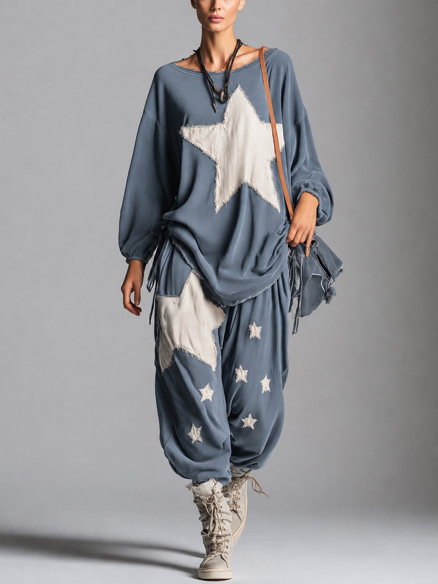 Women’s Oversized Star Patch Sweatshirt & Jogger Set – Casual Streetwear Two Piece Lounge Outfit