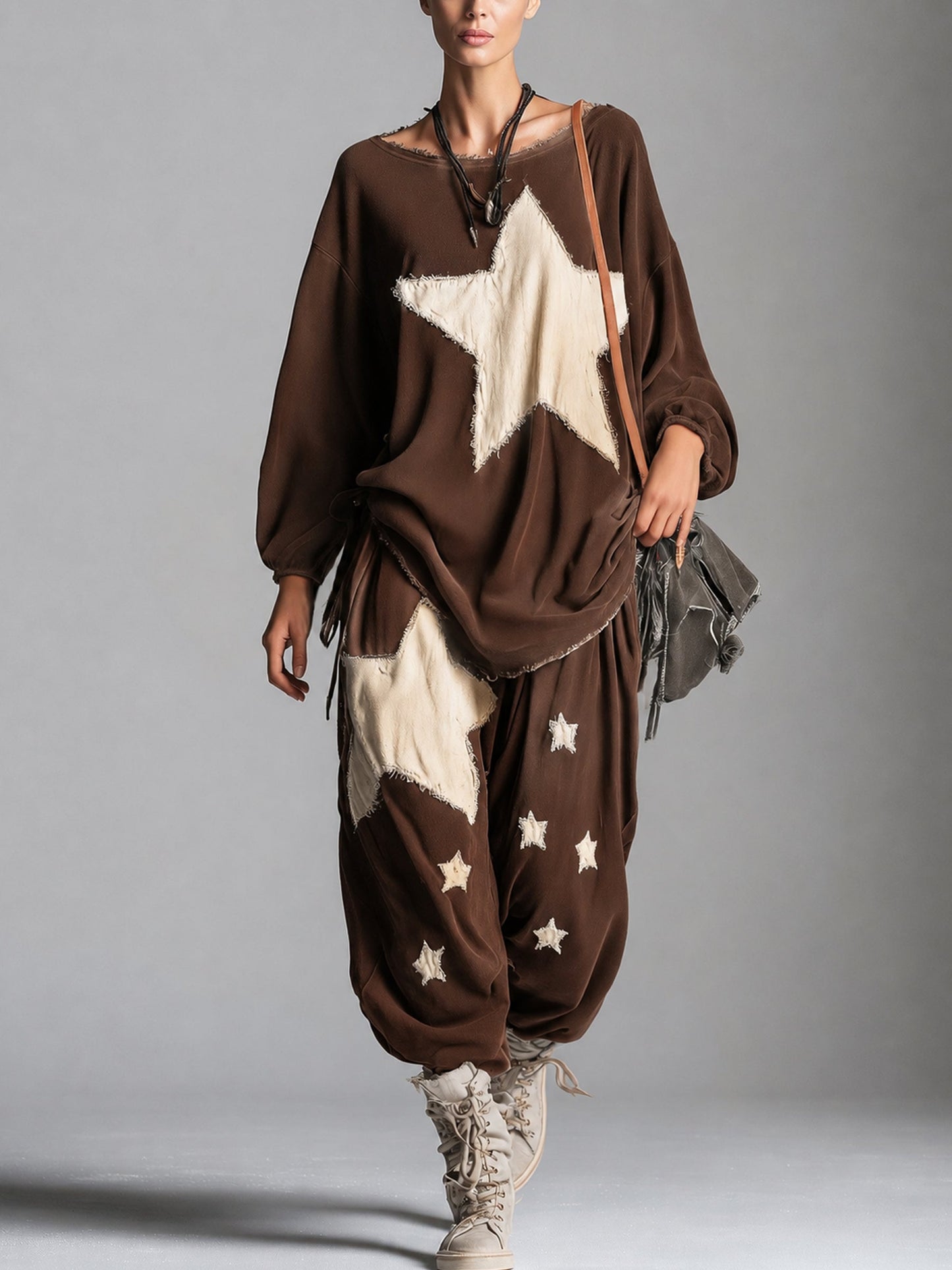 Women’s Oversized Star Patch Sweatshirt & Jogger Set – Casual Streetwear Two Piece Lounge Outfit