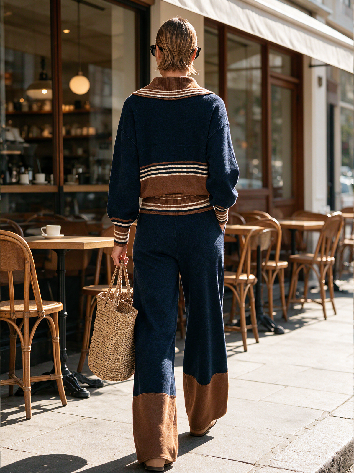 Color‑Block Striped Half‑Zip Knit Two‑Piece Set