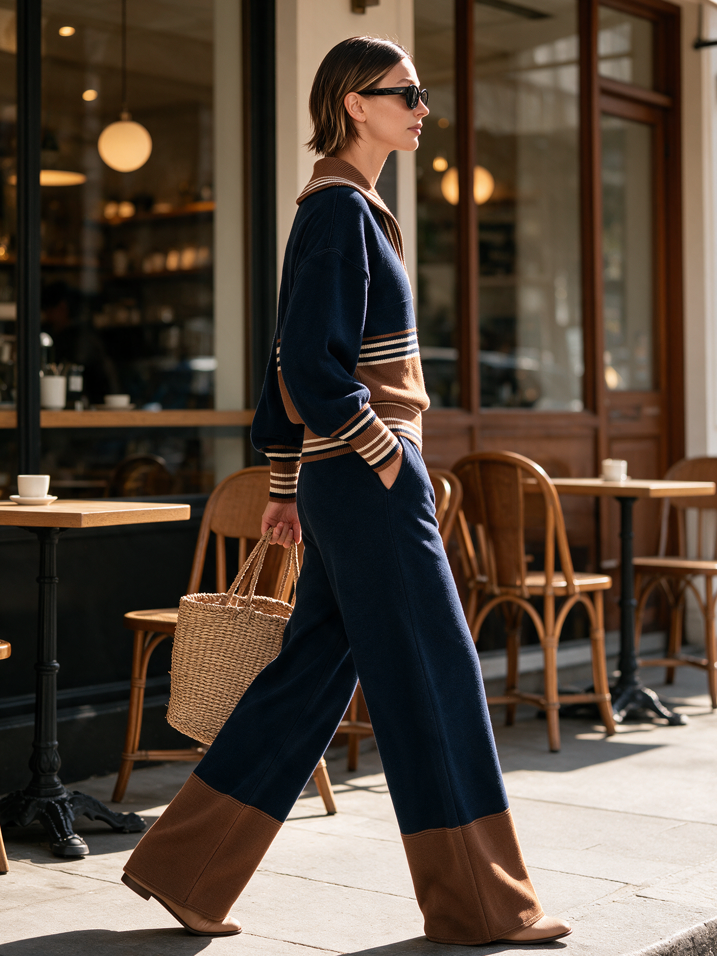 Color‑Block Striped Half‑Zip Knit Two‑Piece Set