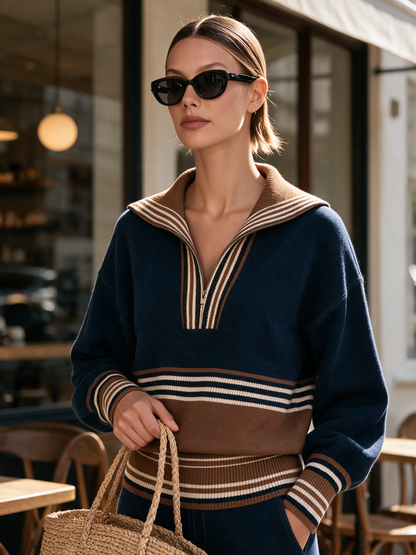 Color‑Block Striped Half‑Zip Knit Two‑Piece Set