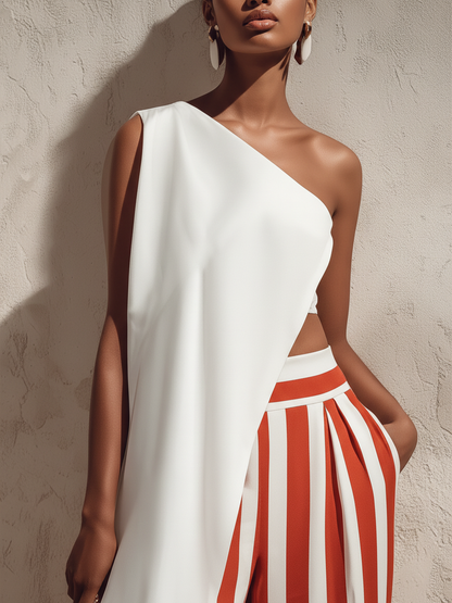Sunset Stripes Asymmetrical One-Shoulder Two-Piece Set | Effortless Vacation Glam
