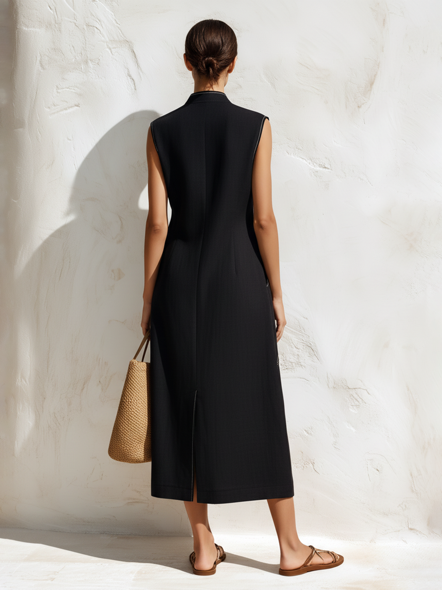 Black Linen-Blend Contrast Stitch Sleeveless Midi Dress