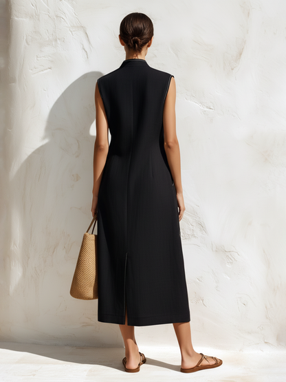 Black Linen-Blend Contrast Stitch Sleeveless Midi Dress