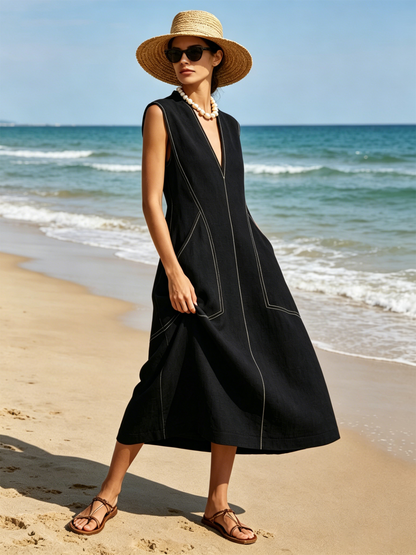 Black Linen-Blend Contrast Stitch Sleeveless Midi Dress