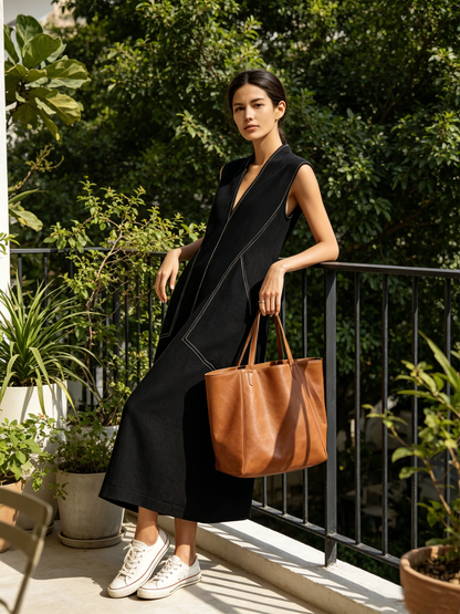 Black Linen-Blend Contrast Stitch Sleeveless Midi Dress