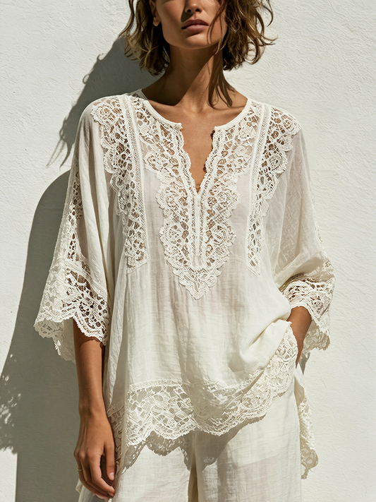 Women's Bohemian Resort Style Cotton-Lace Trimmed V-Neck Three-Quarter Sleeve Tunic ZMZ0185F8YZH