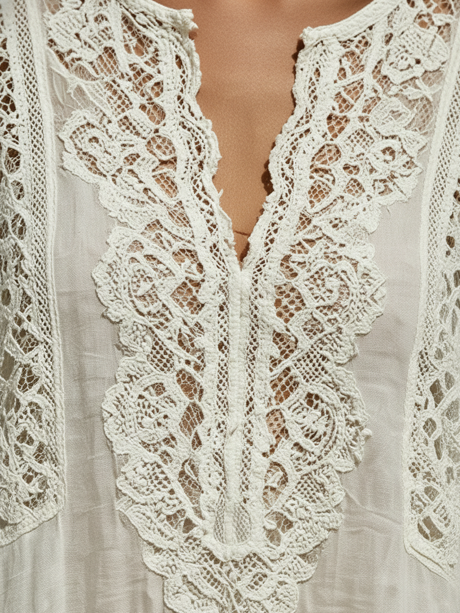 Women's Bohemian Resort Style Cotton-Lace Trimmed V-Neck Three-Quarter Sleeve Tunic ZMZ0185F8YZH
