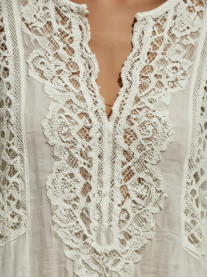 Women's Bohemian Resort Style Cotton-Lace Trimmed V-Neck Three-Quarter Sleeve Tunic ZMZ0185F8YZH