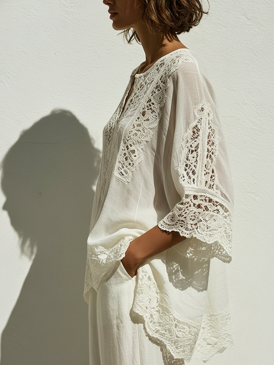 Women's Bohemian Resort Style Cotton-Lace Trimmed V-Neck Three-Quarter Sleeve Tunic ZMZ0185F8YZH