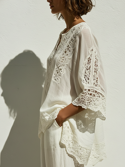 Women's Bohemian Resort Style Cotton-Lace Trimmed V-Neck Three-Quarter Sleeve Tunic ZMZ0185F8YZH