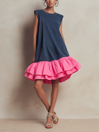 Washed French Terry Sleeveless Shift Mini Dress Contrast Hot Pink Tiered Ruffle Hem Loose Casual Dress