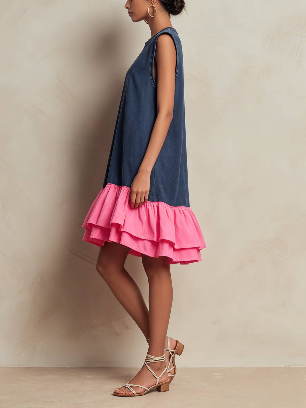 Washed French Terry Sleeveless Shift Mini Dress Contrast Hot Pink Tiered Ruffle Hem Loose Casual Dress
