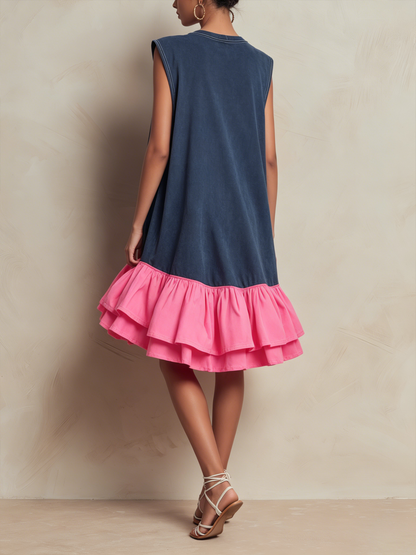 Washed French Terry Sleeveless Shift Mini Dress Contrast Hot Pink Tiered Ruffle Hem Loose Casual Dress