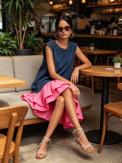 Washed French Terry Sleeveless Shift Mini Dress Contrast Hot Pink Tiered Ruffle Hem Loose Casual Dress
