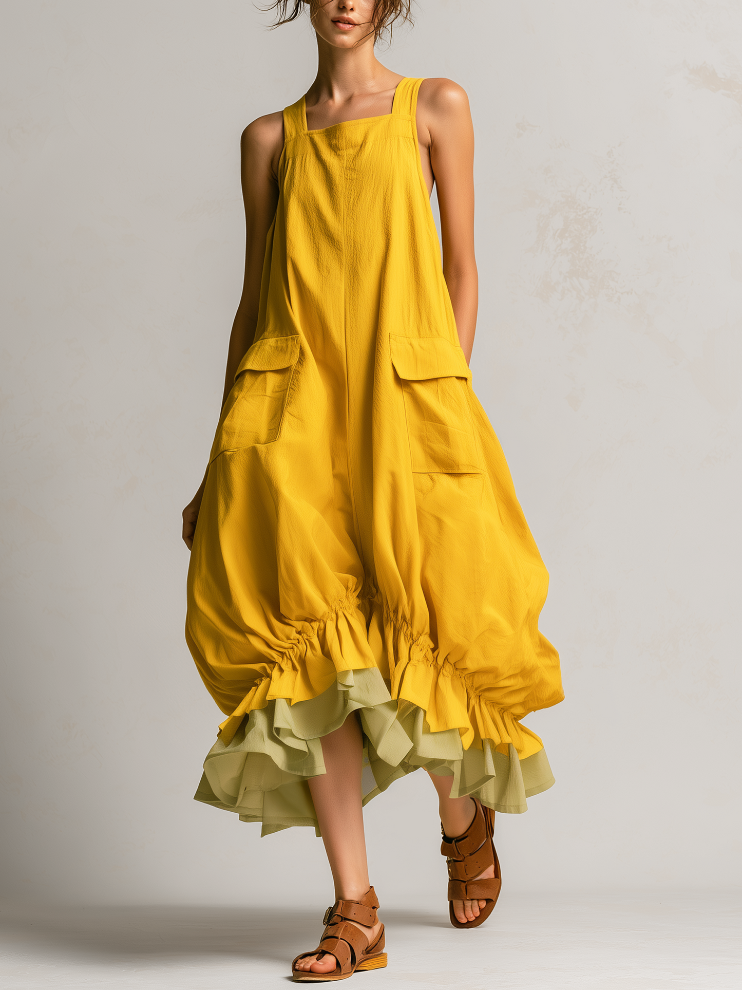 Yellow Sleeveless Cargo Pocket Layered Ruffle Hem Midi Overall Dress