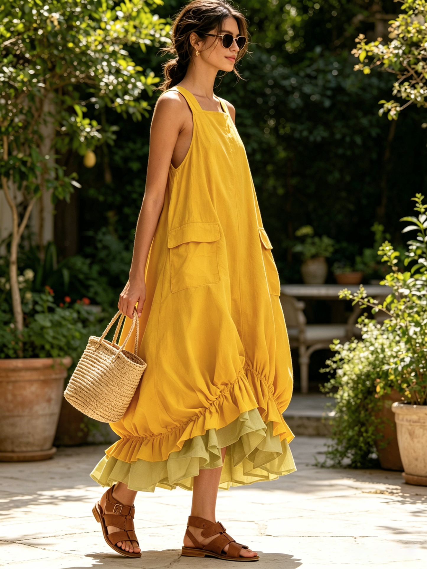 Yellow Sleeveless Cargo Pocket Layered Ruffle Hem Midi Overall Dress