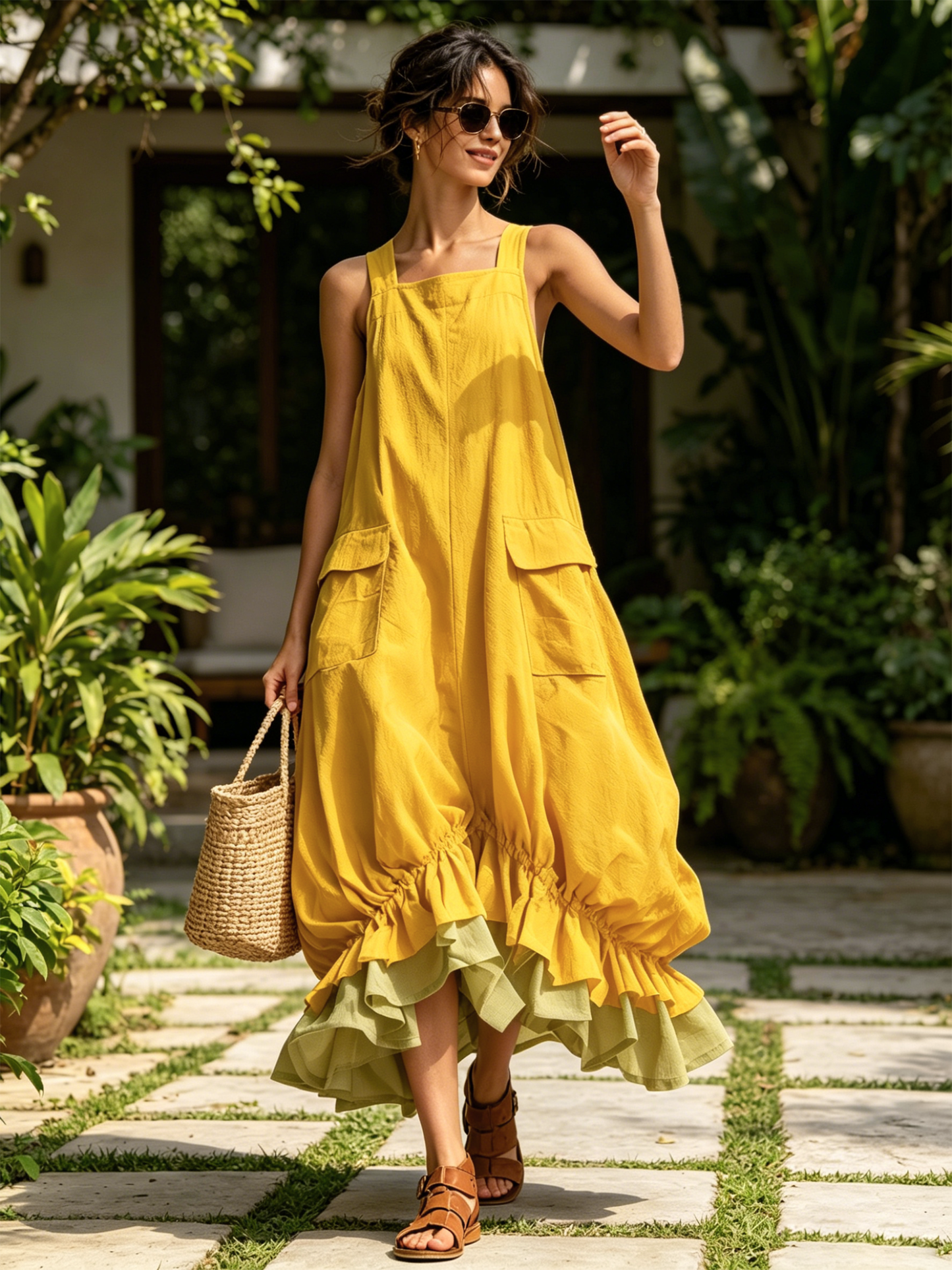 Yellow Sleeveless Cargo Pocket Layered Ruffle Hem Midi Overall Dress