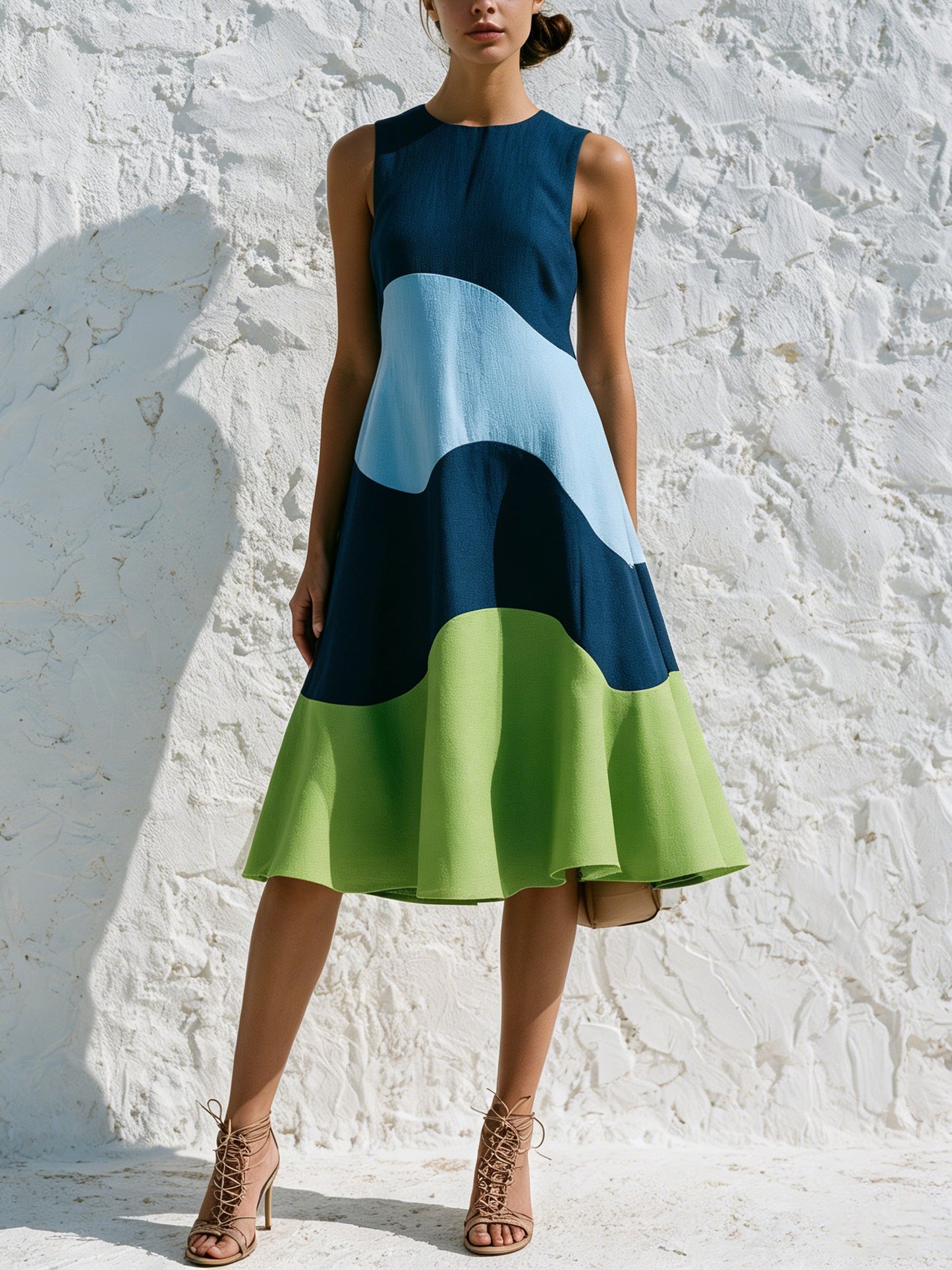 Wave Color Block Sleeveless A-Line Midi Dress – Blue & Green Modern Art Dress
