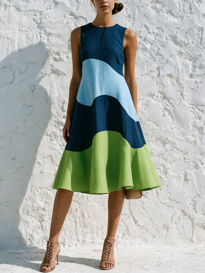 Wave Color Block Sleeveless A-Line Midi Dress – Blue & Green Modern Art Dress