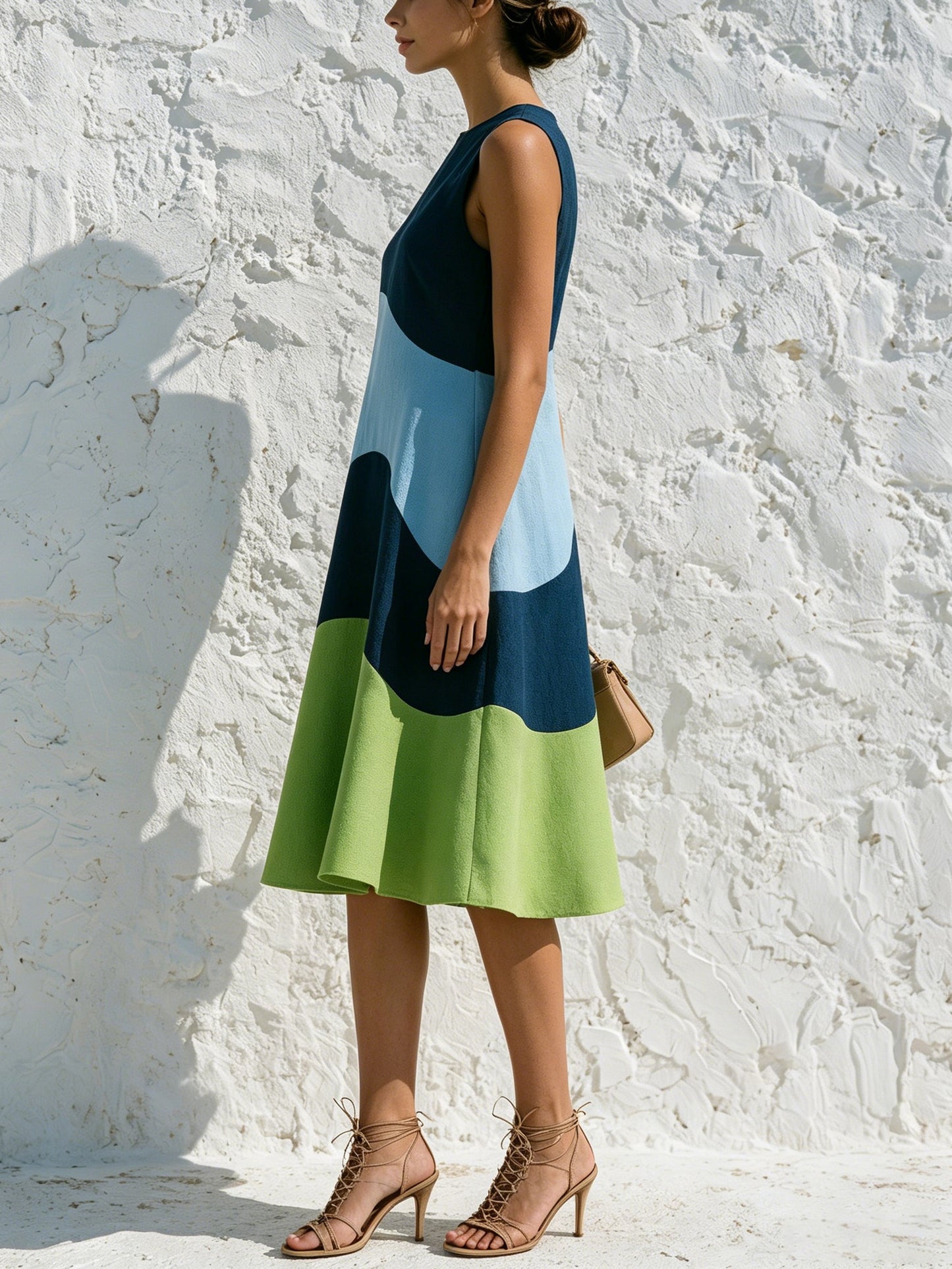 Wave Color Block Sleeveless A-Line Midi Dress – Blue & Green Modern Art Dress