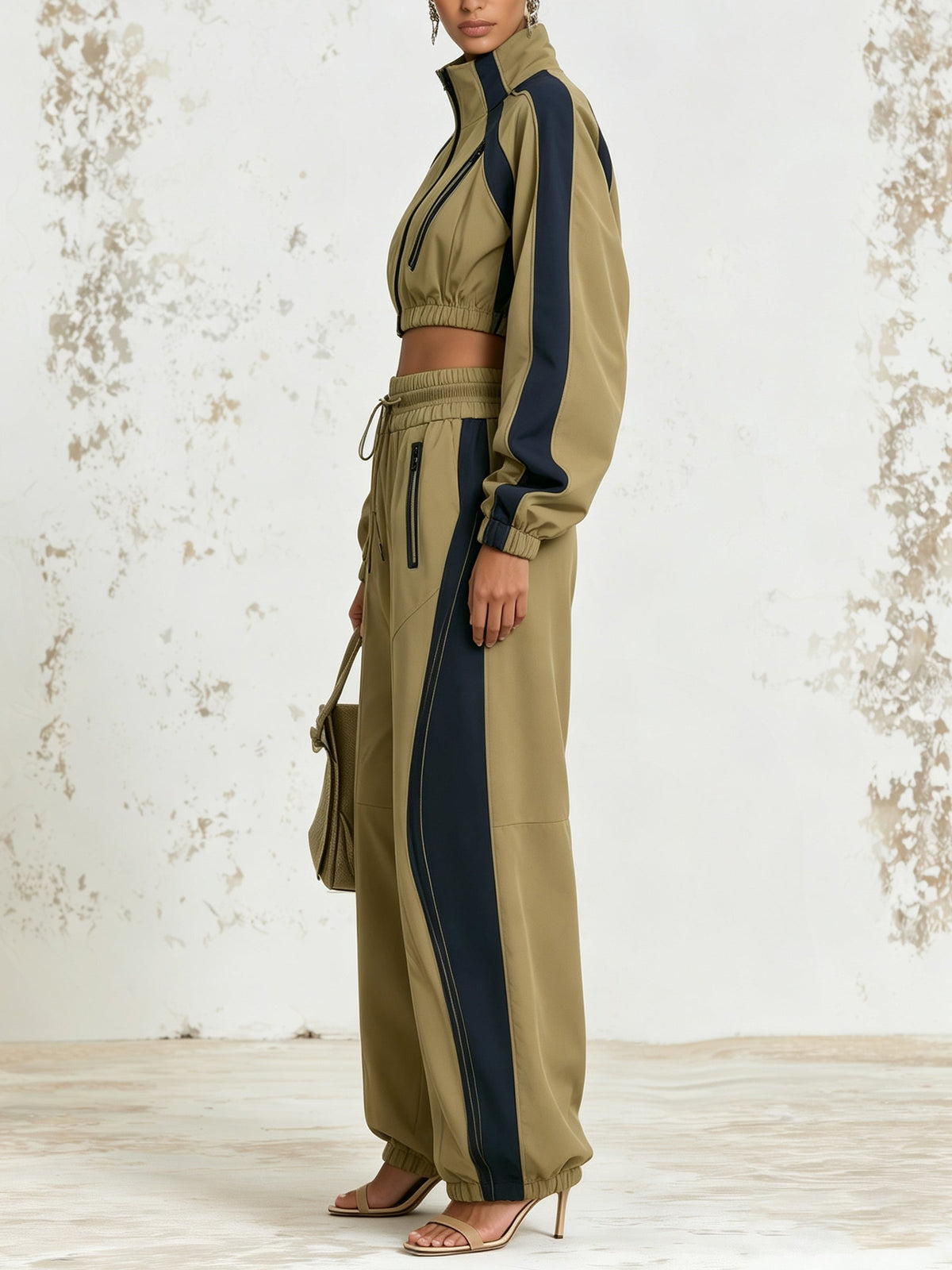 Khaki Contrast Track Set – Cropped Zip Jacket & Wide Leg Jogger Pants Activewear Set