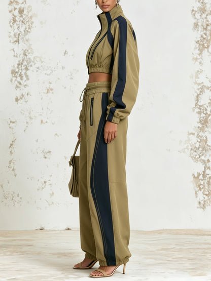 Khaki Contrast Track Set – Cropped Zip Jacket & Wide Leg Jogger Pants Activewear Set