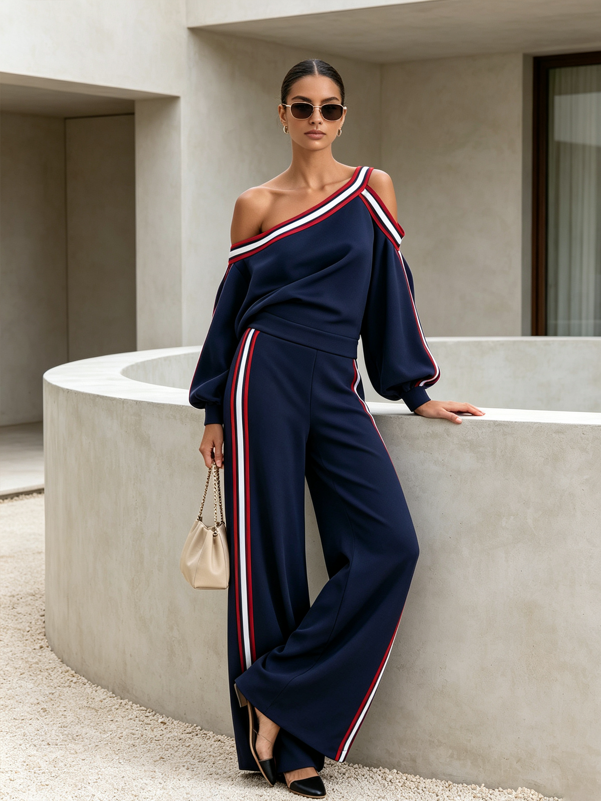 Navy Asymmetric Off Shoulder Stripe Top & Wide Leg Pants Two-Piece Set