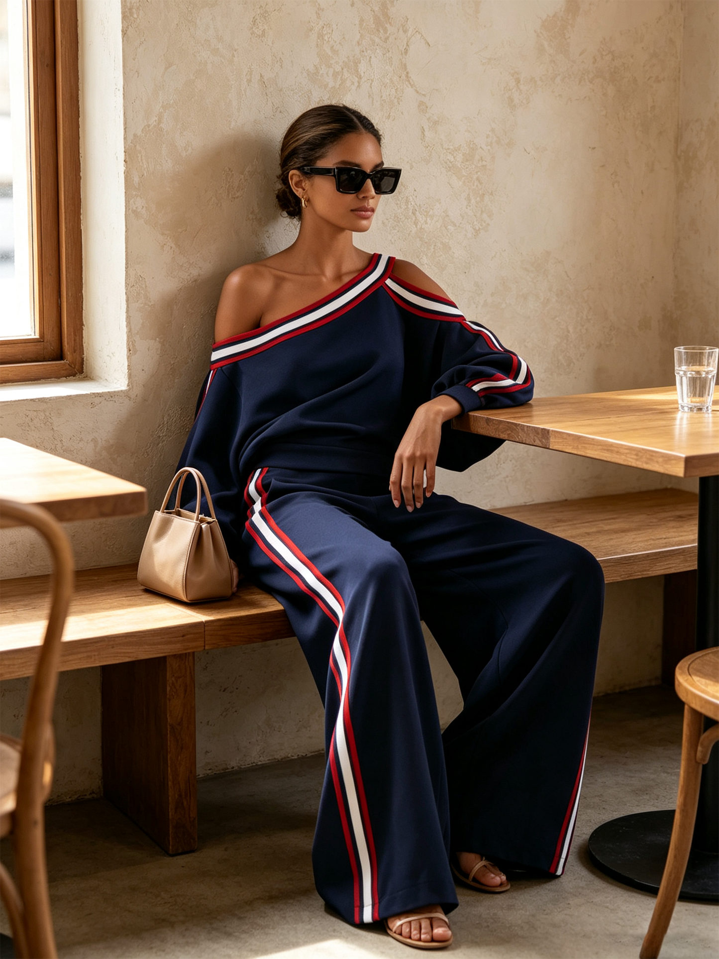 Navy Asymmetric Off Shoulder Stripe Top & Wide Leg Pants Two-Piece Set