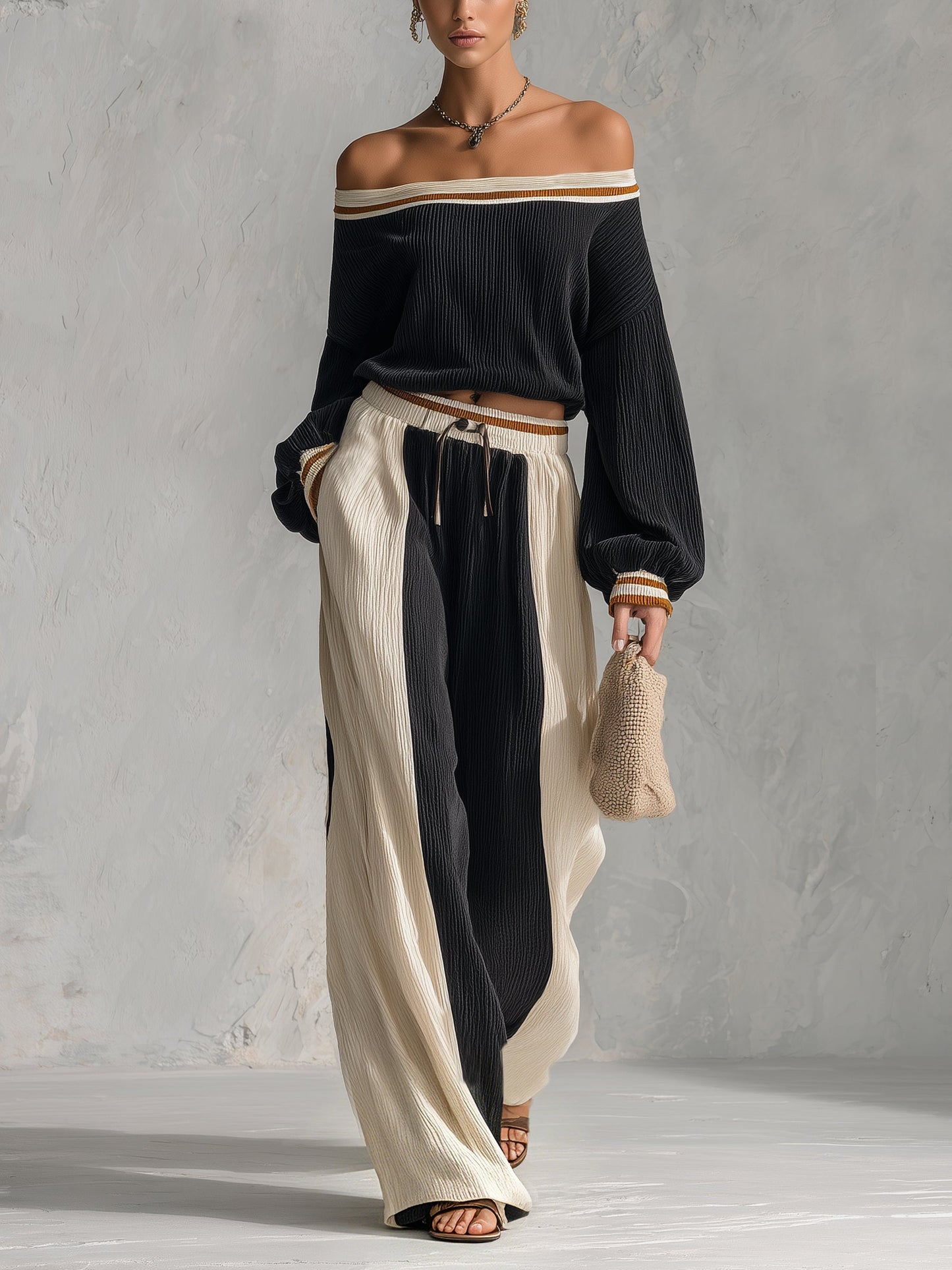 Women’s Off Shoulder Knit Two Piece Set – Elegant Long Sleeve Crop Top & Wide Leg Pants Lounge Outfit