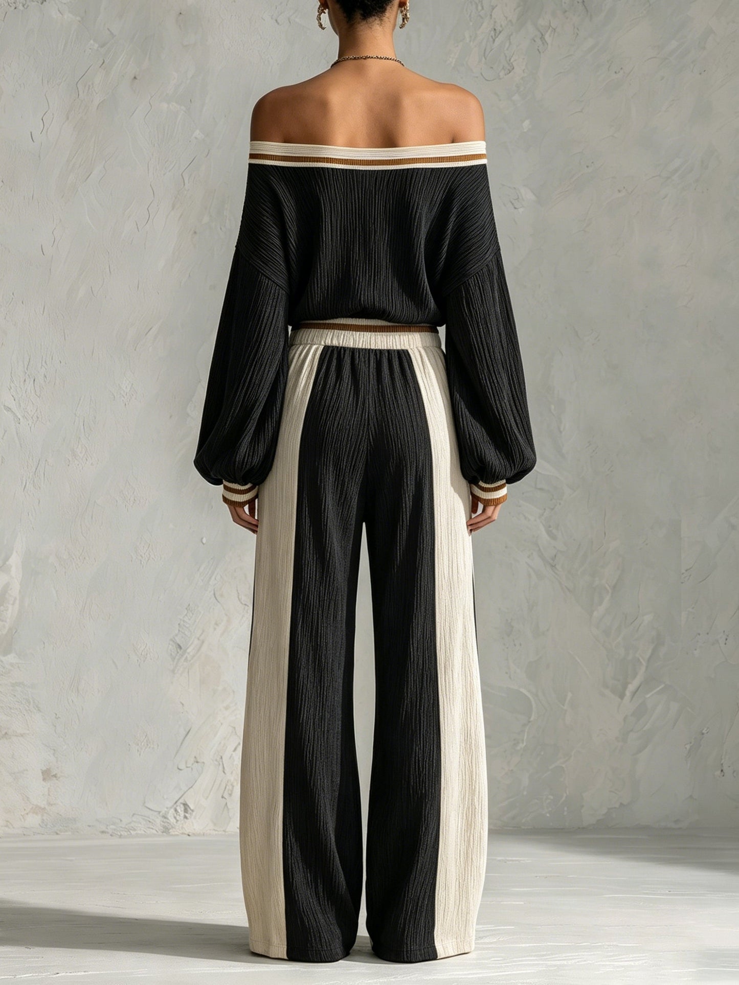 Women’s Off Shoulder Knit Two Piece Set – Elegant Long Sleeve Crop Top & Wide Leg Pants Lounge Outfit