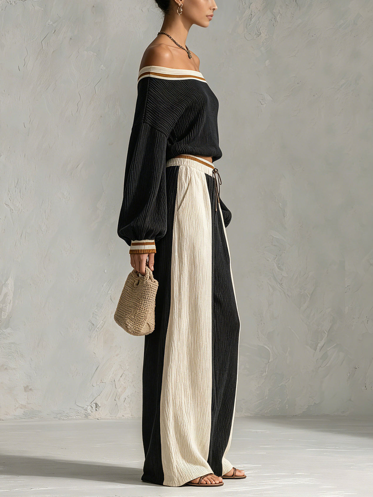 Women’s Off Shoulder Knit Two Piece Set – Elegant Long Sleeve Crop Top & Wide Leg Pants Lounge Outfit