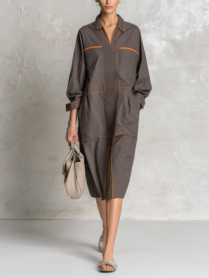 Women’s Oversized Contrast Piping Shirt Dress – Minimalist Long Sleeve Utility Midi Dress With Pockets