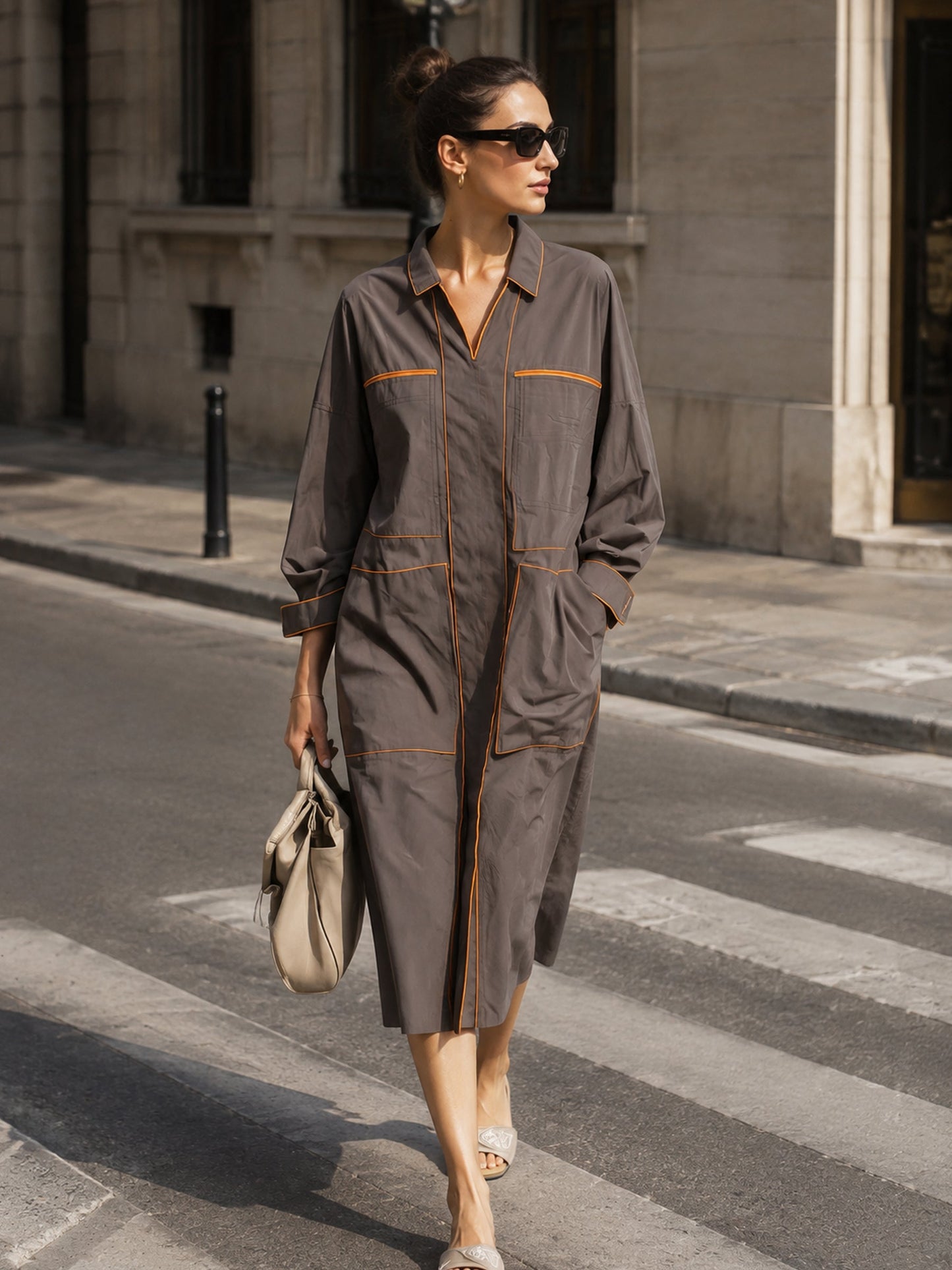Women’s Oversized Contrast Piping Shirt Dress – Minimalist Long Sleeve Utility Midi Dress With Pockets