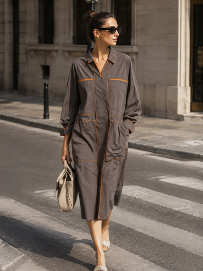 Women’s Oversized Contrast Piping Shirt Dress – Minimalist Long Sleeve Utility Midi Dress With Pockets