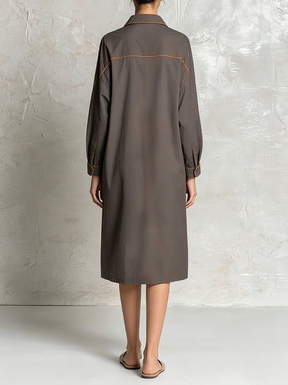 Women’s Oversized Contrast Piping Shirt Dress – Minimalist Long Sleeve Utility Midi Dress With Pockets