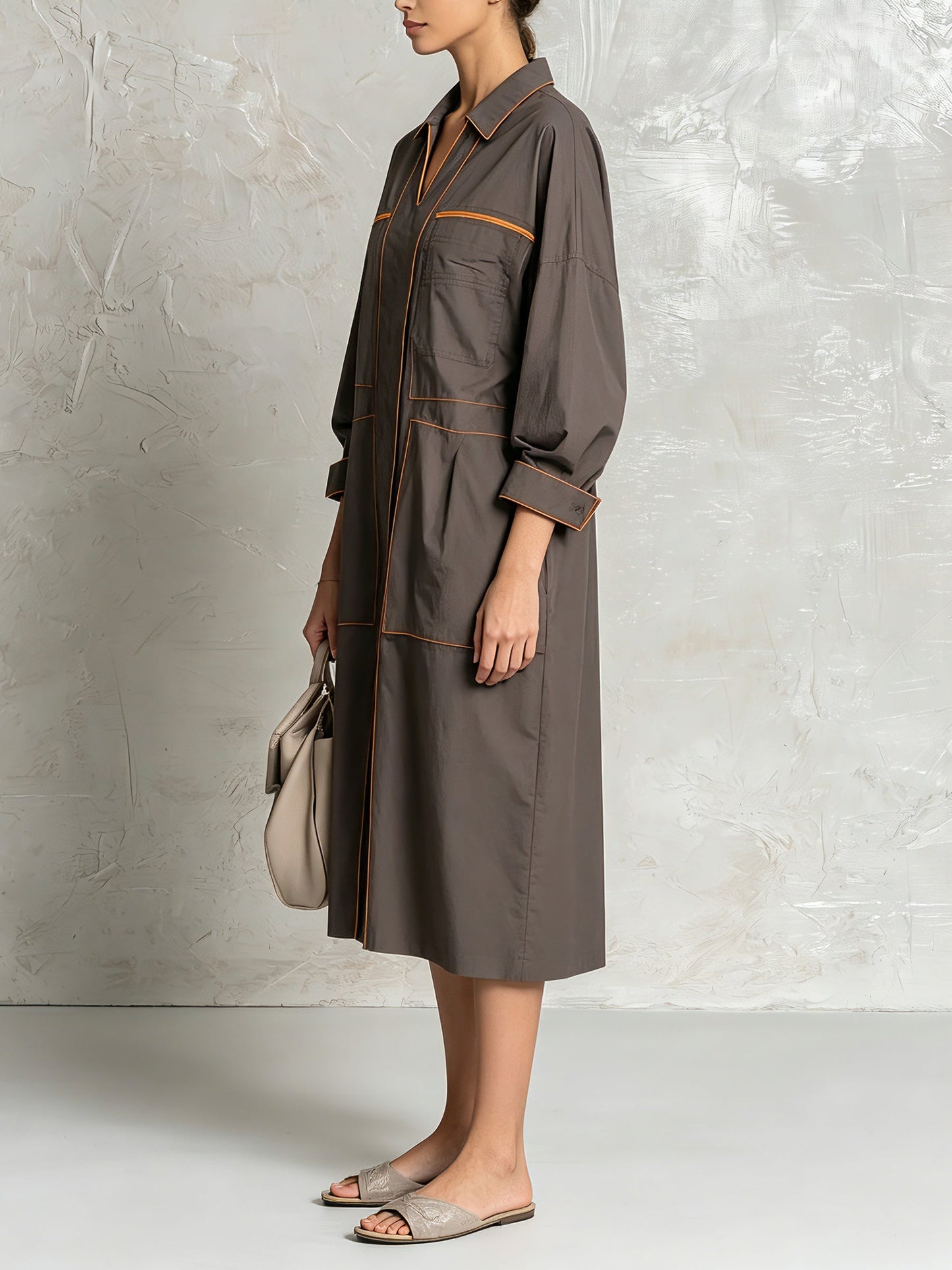 Women’s Oversized Contrast Piping Shirt Dress – Minimalist Long Sleeve Utility Midi Dress With Pockets