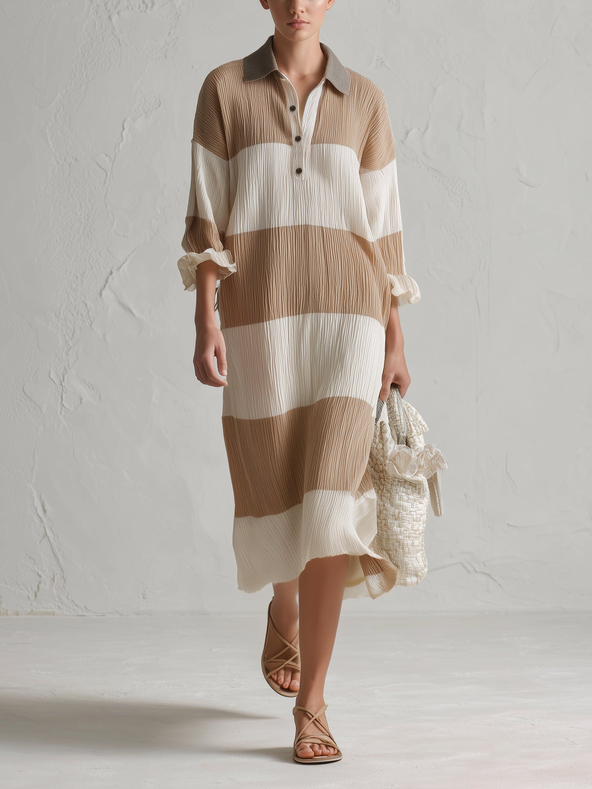 Women’s Elegant Pleated Stripe Shirt Dress – Relaxed Fit Midi Dress With Collared Neckline & Ruffle Cuffs