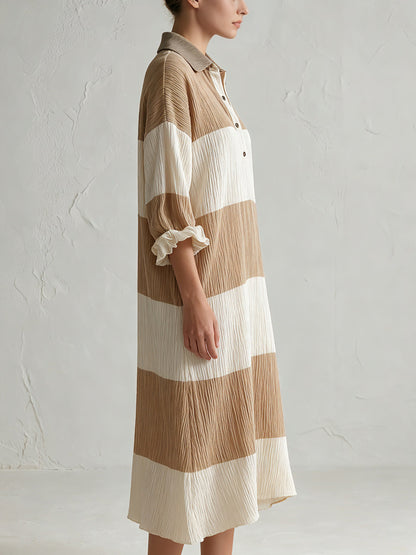 Women’s Elegant Pleated Stripe Shirt Dress – Relaxed Fit Midi Dress With Collared Neckline & Ruffle Cuffs