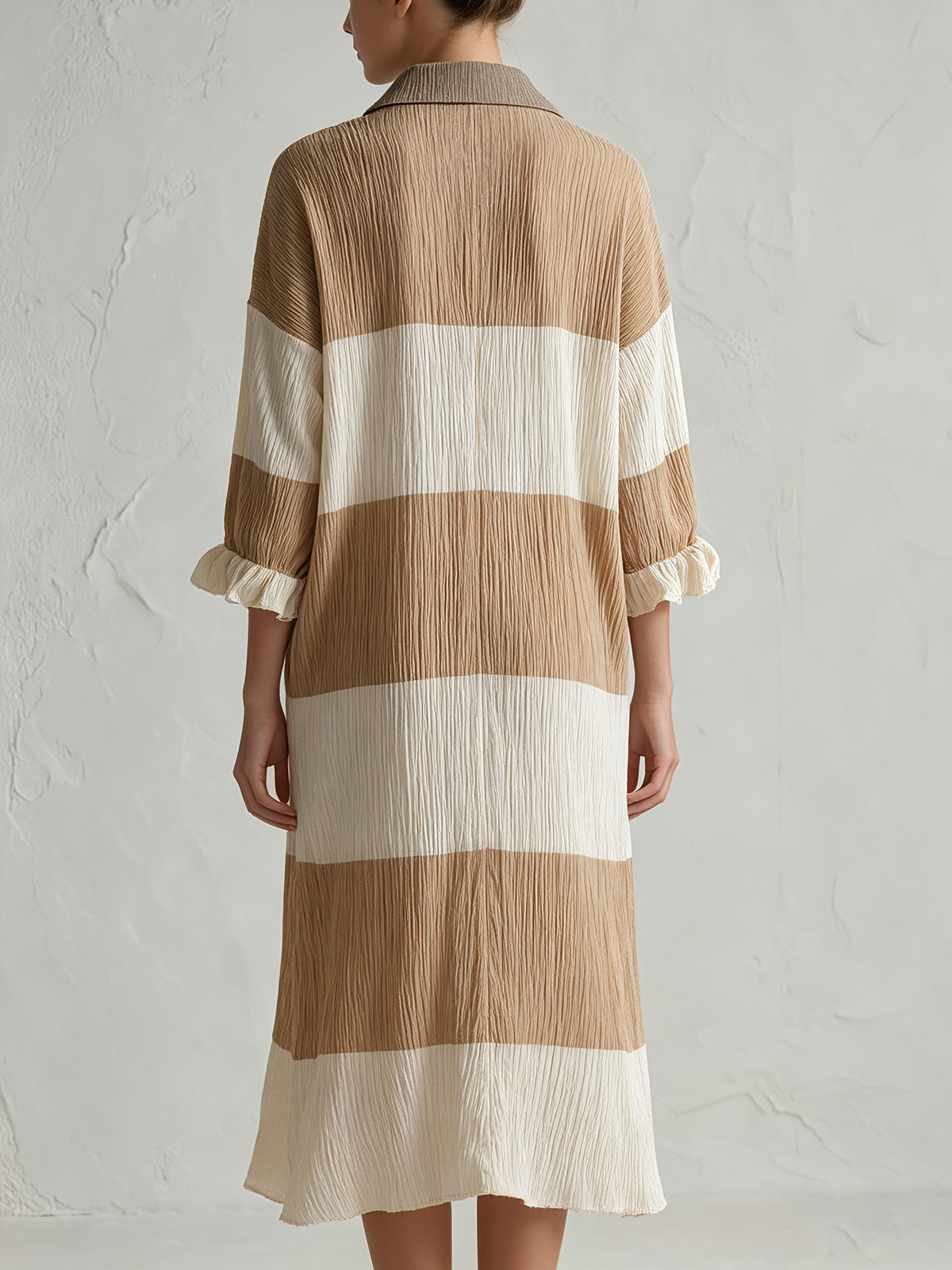 Women’s Elegant Pleated Stripe Shirt Dress – Relaxed Fit Midi Dress With Collared Neckline & Ruffle Cuffs