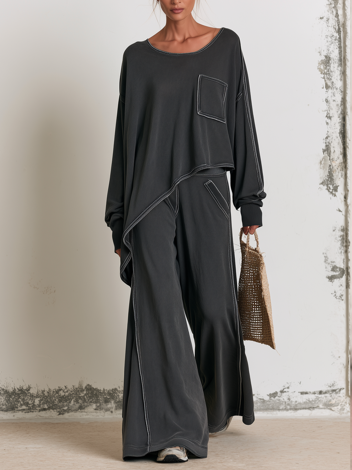Contrast Stitch Asymmetrical Oversized Sweatshirt & Wide Leg Pants Two-Piece Set