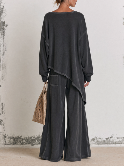 Contrast Stitch Asymmetrical Oversized Sweatshirt & Wide Leg Pants Two-Piece Set