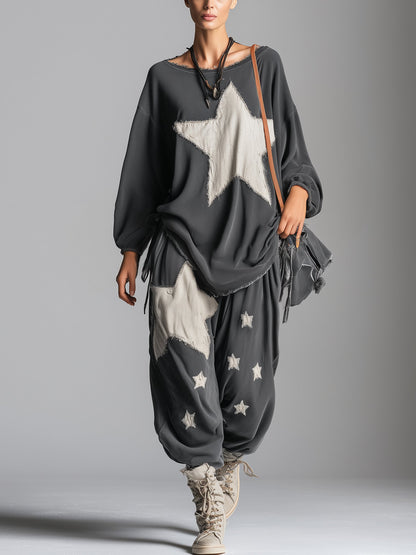 Women’s Oversized Star Patch Sweatshirt & Jogger Set – Casual Streetwear Two Piece Lounge Outfit